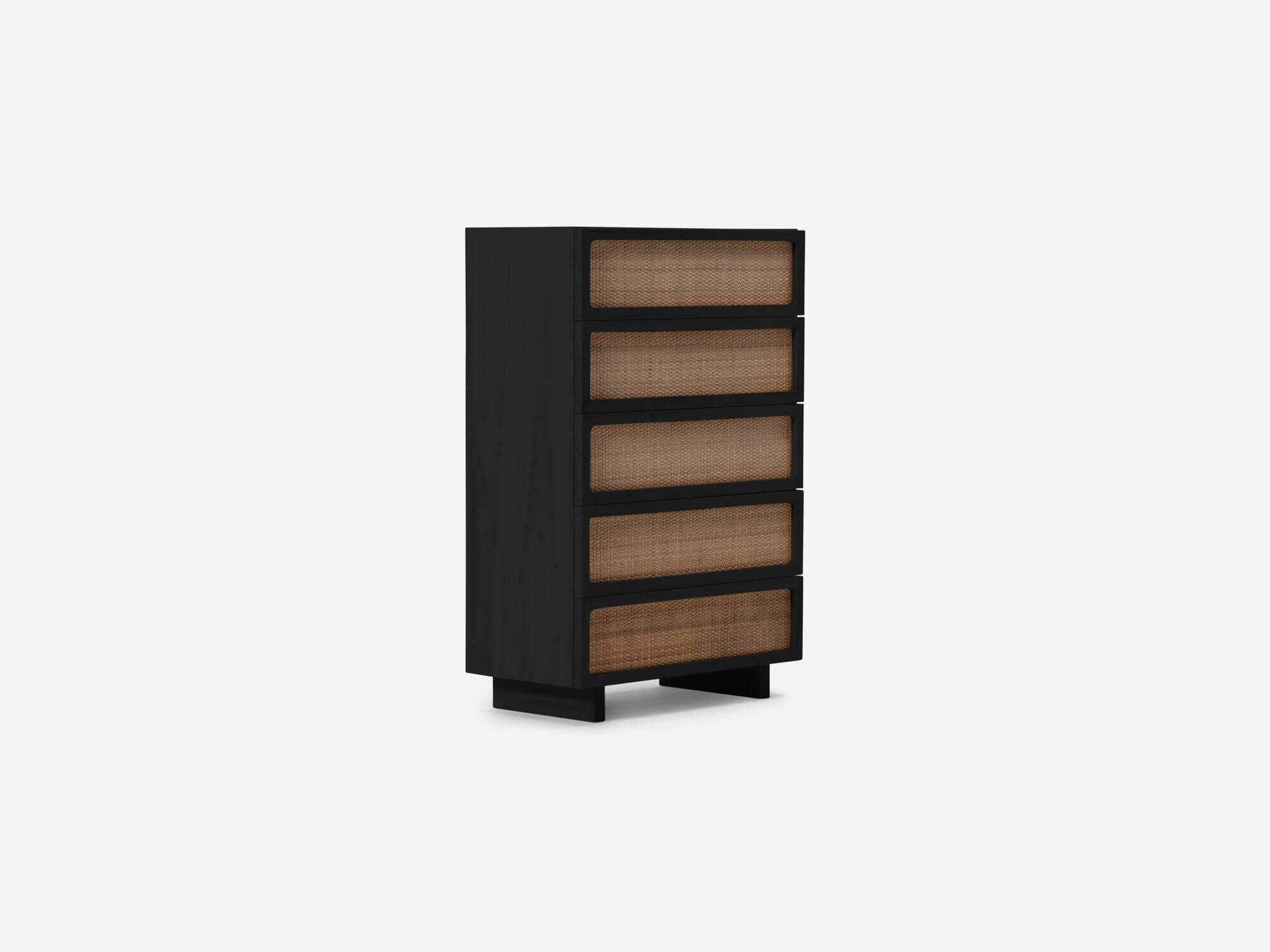 Front angle view of black oak chest with woven drawer fronts